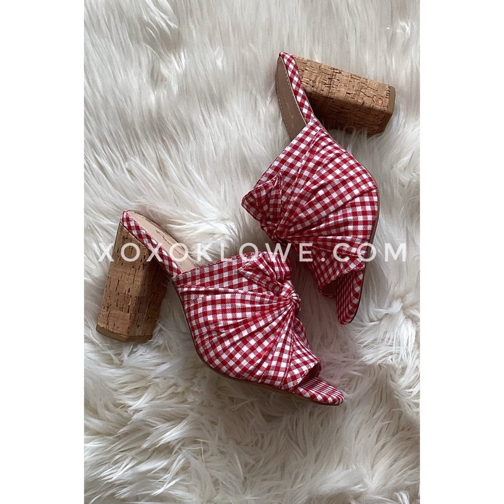 QUPID Red Gingham Knotted Mule Sandals | Checkered Block Heel Slip On Shoes - Picture 8 of 10